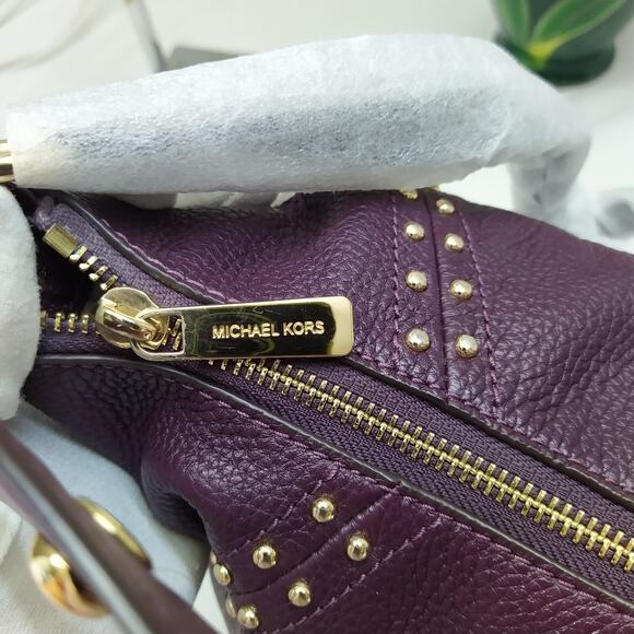 Michael Kors Aria Purple Pebbled Leather Studded Zipper Closure Shoulder Bag - Picture 16 of 16